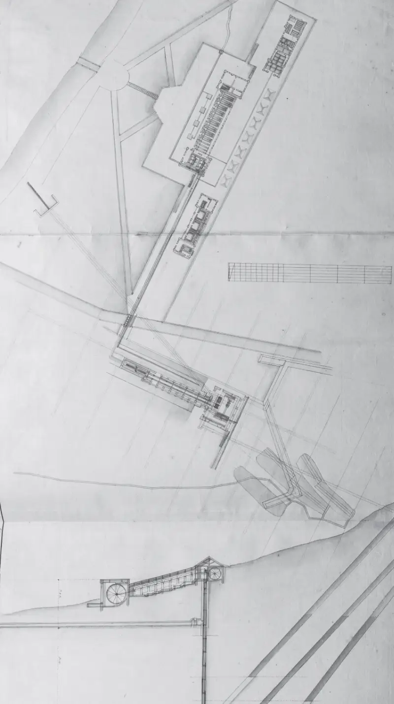 Disegni tecnici degli interventi di ampliamento del sito minerario in località Les Rey.